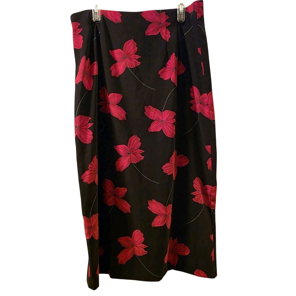 Vtg Briggs New York Skirt 16W Stretch Black W Red Flowers USA Made Whimsigoth